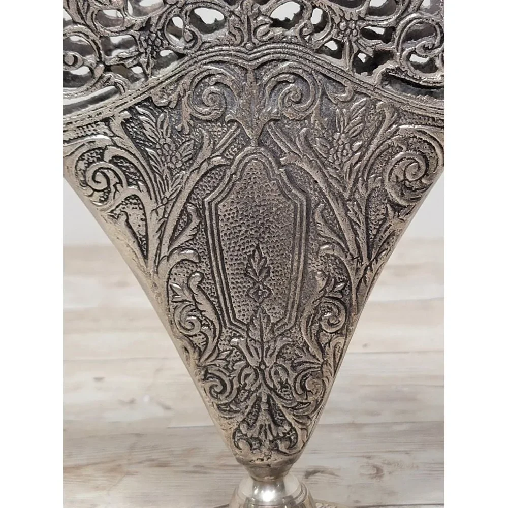 Vintage Silver Plated 9.5” Art Nouveau Ornate Fan Shaped Pierced Filigree Flower